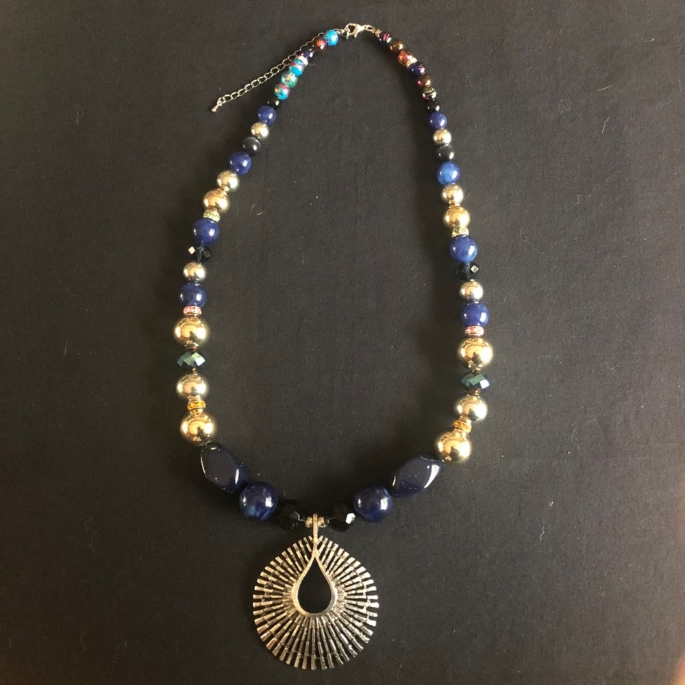 Beaded Blue, Gold and Silver Vintage Statement Necklace